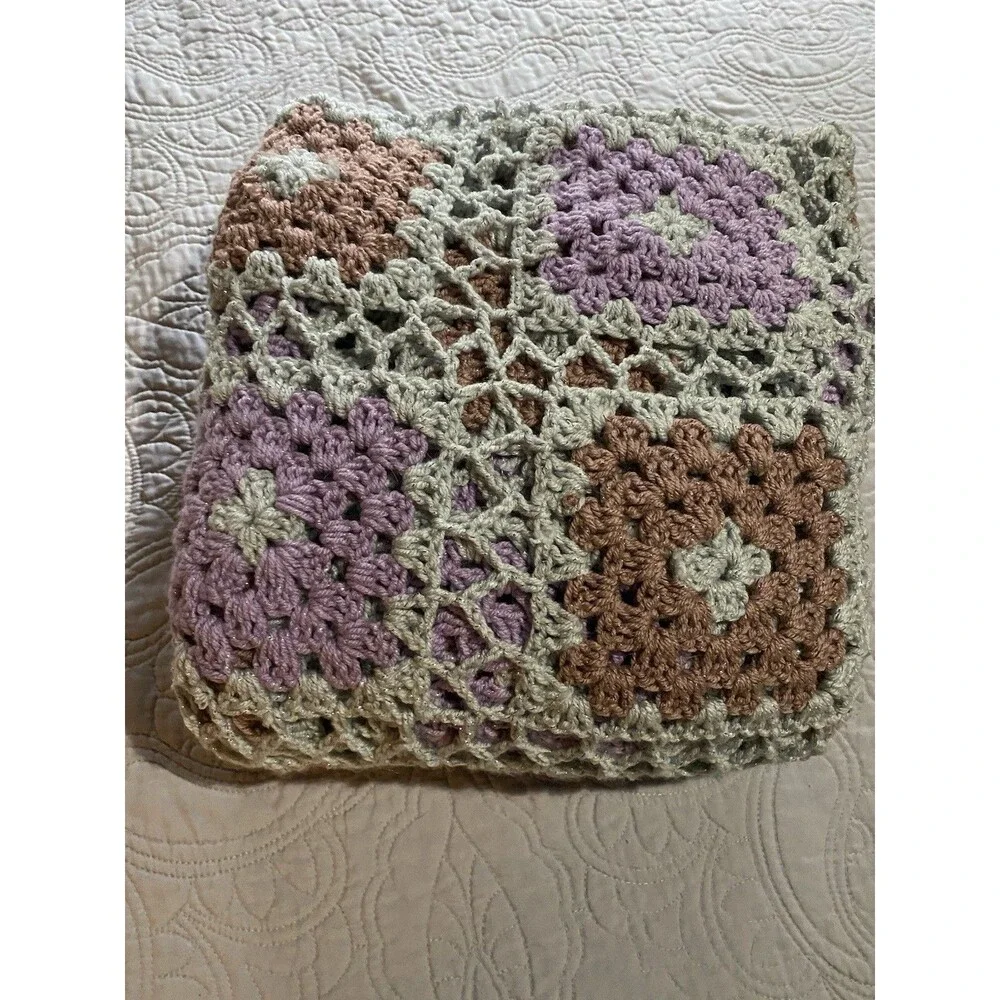 Granny Square Purple Gray Crochet Coverlet Throw Blanket Afghan 53x73 Cottage